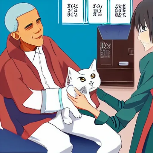 Prompt: “anime key visual of Obama petting a cat, pixiv”