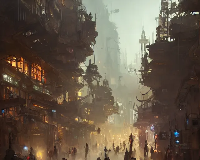 Prompt: bustling underbelly of a thriving steampunk city by james paick, trending on artstation