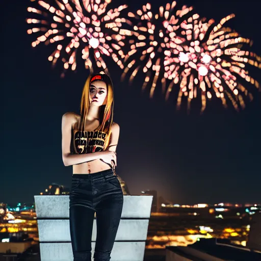 Image similar to photographic portrait of a streetwear woman, closeup, on the rooftop of a futuristic city overlooking a desert oasis at night, fireworks light up the night sky, sigma 85mm f/1.4, 4k, depth of field, high resolution, 4k, 8k, hd, full color