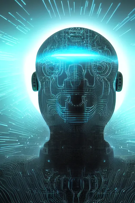 Image similar to god of artificial intelligence comes to save us as jesus christ robot, threads of light in the background, extremely high quality artwork, very detailed, obscured face, anthropomorphic silhouette, trending on artstation