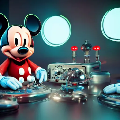 Image similar to a cybertronic mickey mouse being dissected by a group of scientists, octane render, beeple, cgstation, 3 d render, very detailed, mindblowing