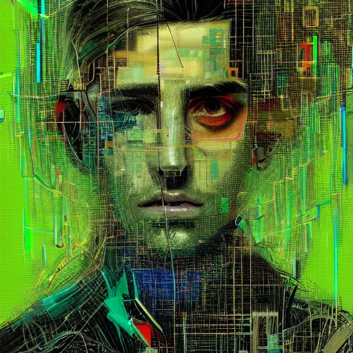 Image similar to hyperrealistic portrait of a cyberpunk man, teenager, long hair, immersed within a network, glitch eyes, by Guy Denning, Johannes Itten, Derek Gores, Russ Mills, glitch art, smooth lines, fine detail, polished, complex, hacking effects, holographic, digital tech effects, green, color blocking!, realistic, acrylic on canvas, concept art, abstract!, symmetrical, 8k, concept art, octane, photorealistic, cgsociety, trending on artstation