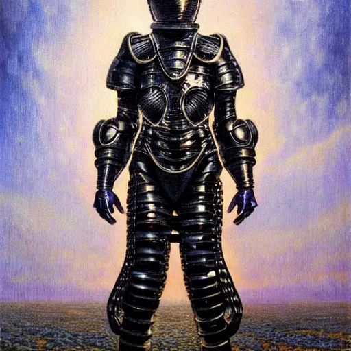 Image similar to full body portrait of beautiful gothic and futuristic fashion model, open space armour, cyber armour, highly detailed, artstation, illustration, composition, 8 k quality, art by jean delville, rene magritte, hyperrealism oil painting