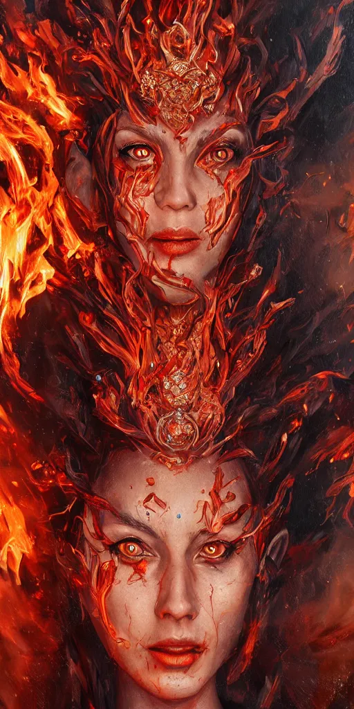 Image similar to Fantasy character portrait of distorted detailed painting of a queen woman made of fire, hyper detailed, red flames, trending on Artstation