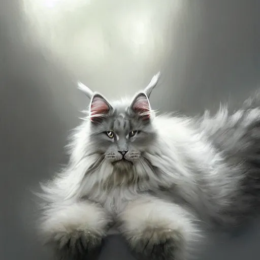 Prompt: a big old menacing dark grey maine coon cat with white belly, white paws and white face markings with long fur and fluffy tail, sitting, intricate, elegant, highly detailed, digital painting, artstation, concept art, matte, sharp focus, illustration, art by Artgerm and Greg Rutkowski and Alphonse Mucha