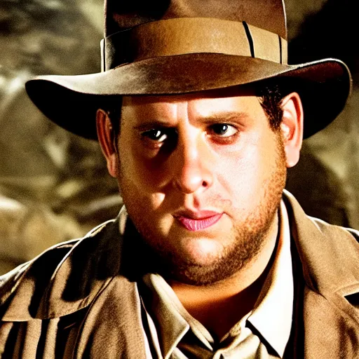 Prompt: Jonah Hill as indiana jones in raiders of the lost ark, 8k resolution, full HD, cinematic lighting, award winning, anatomically correct