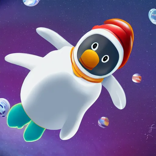 Image similar to cute astronaut penguin, floating on space, disney style, 8 k