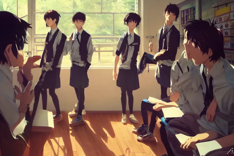 boy's love anime high school classroom scene spring, Stable Diffusion