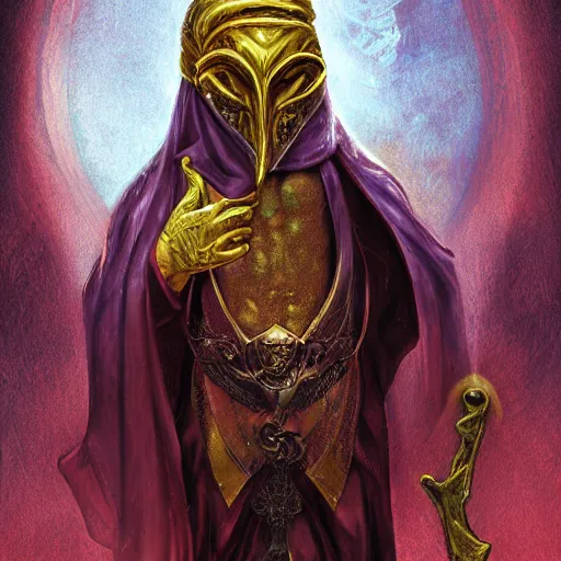 Image similar to the veiled arcanist prophet as a man with a golden cultist mask in bloodsoaked land by greg rutowski