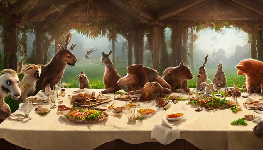 Image similar to a table dinner of animals where animals are dressed like the characters from the midsommar movie, realistic detailed digital art by maxwell boas jessica rossier christian dimitrov anton fadeev trending on artstation cgsociety rendered in unreal engine 4 k hq