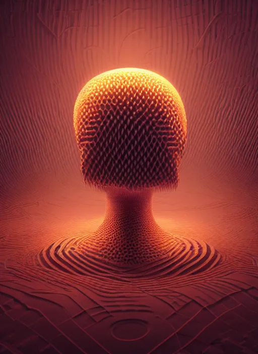 Image similar to a highly detailed vfx landscape of recursive speakers forming a 3 d head. 🔊 head. amplitude and frequency wave visualisation. bioluminescent metamorphic synaesthesia. graffuturism. ornate, hyperrealistic, octane render, chiaroscuro, inspired by greg rutkowski, android jones, beeple, shaun tan, frostbite 3 rendered