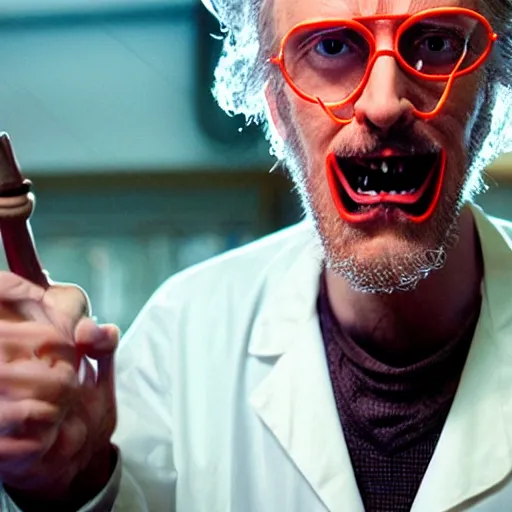 Prompt: an awkwardly tall mad scientist with a 3rd eye a tangled orange beard balding head and unruly hair wearing a labcoat, high resolution film still, movie by Robert Zemeckis and Ivan Reitman, 3rd eye in the middle of his forehead