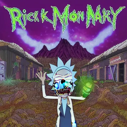 Image similar to rick and morty on a iron maiden album cover 8 k resolution, hyperdetailed, photorealism, extremely high quality