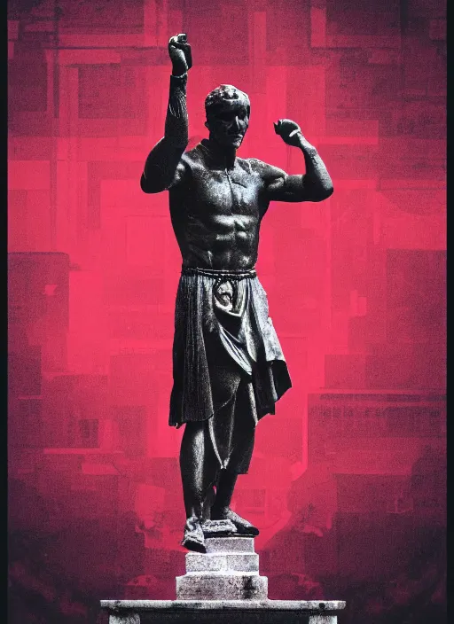 Image similar to design poster showing a statue of julius caesar, black background with very subtle red and purple design elements, powerful, nekro, vito acconci, graphic design, collage art, thin lines, dark, glitch art, neo vaporwave, gritty, layout frame, square, trending on artstation