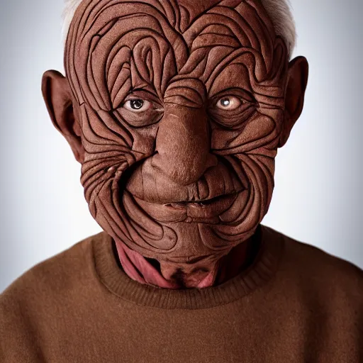 Prompt: an elderly man wearing a mask made from chocolate, bold natural colors, national geographic photography, masterpiece, 8 k, raw, unedited, symmetrical balance