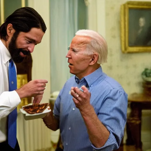 Image similar to jesus giving joe biden a quesadilla from heaven, cinematic lighting, film still