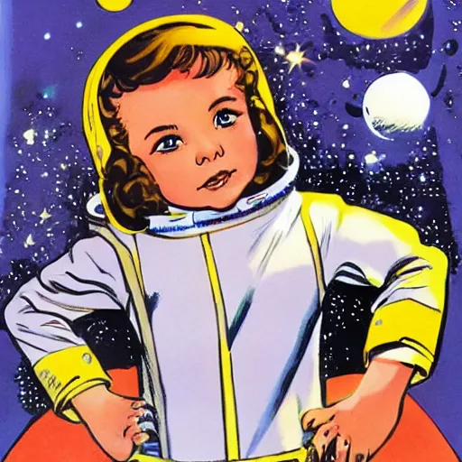 Image similar to a cute little girl with a mischievous face and short brown wavy curly hair. she is dressed as an astronaut. well composed, clean elegant painting, beautiful detailed face. comic book art by steve ditko and jack kirby and ( greg rutkowski )
