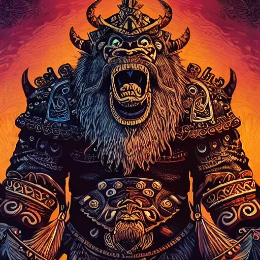 Image similar to barong family member, viking warrior, viking beard, king kong, wiwek, mara demon, one single tribe member, jungle, one single mask, dark, ancient warrior, tribal, inner glow, art by dan mumford and justin gerard