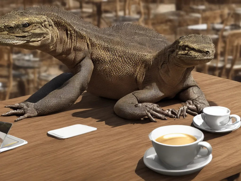 Prompt: photorealistic image of a humanoid komodo dragon sitting all alone in a cafe, drinking coffee while checking his messages on his ipad, ultra realisticepic digital art
