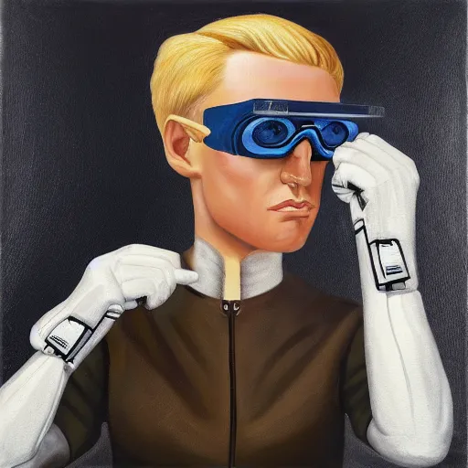 Prompt: square - jawed emotionless serious blonde woman starship engineer, tribal tattoos, handsome, short slicked - back hair, uncomfortable and anxious, looking distracted and awkward, wearing victorian dark goggles, flight suit and gloves, highly detailed, oil painting