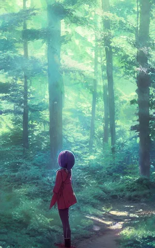 Image similar to anime character in the woods, hyperrealistic, trending on pixiv fanbox, painted by greg rutkowski makoto shinkai takashi takeuchi studio ghibli, akihiko yoshida