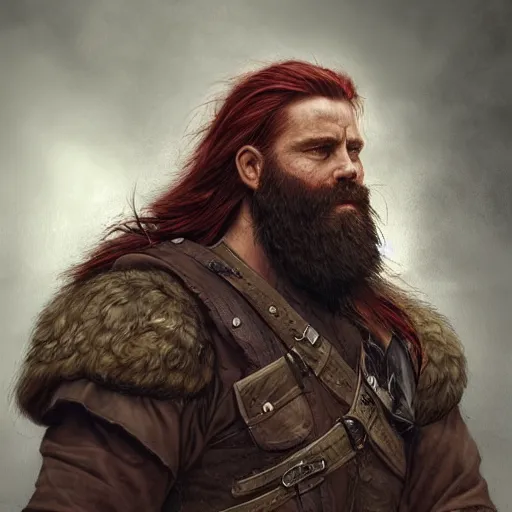 Image similar to portrait of a rugged ranger, 35 years old, beard, male, masculine, upper body, red hair, long hair, soft hair, D&D, fantasy, intricate,fantasy genre, magic, elegant, highly detailed, digital painting, artstation, concept art, matte, sharp focus, illustration, art by Artgerm and Greg Rutkowski and Alphonse Mucha