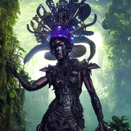 Image similar to mystical evil android queen with obsidian eyes, wearing an elaborate helmet, in a jungle, octane render, 8 k, unreal engine, by todd mcfarlane and artgerm and greg rutkowski and alphonse mucha