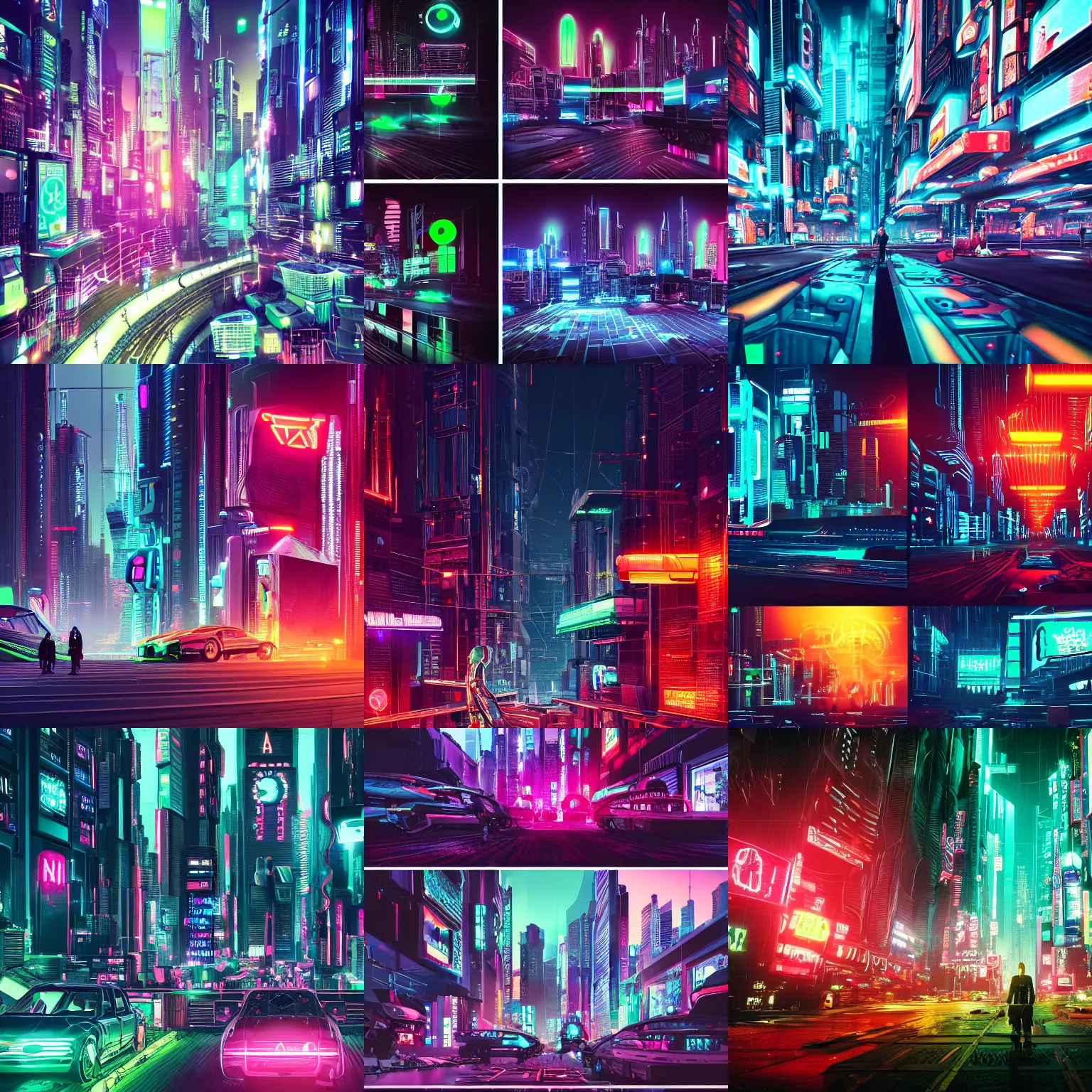 Prompt: detailed neon cyberpunk city, top and side view, many disassembled cyborgs and androids walk the streets, futurism, future, intricate detail, cinematic, 8 k