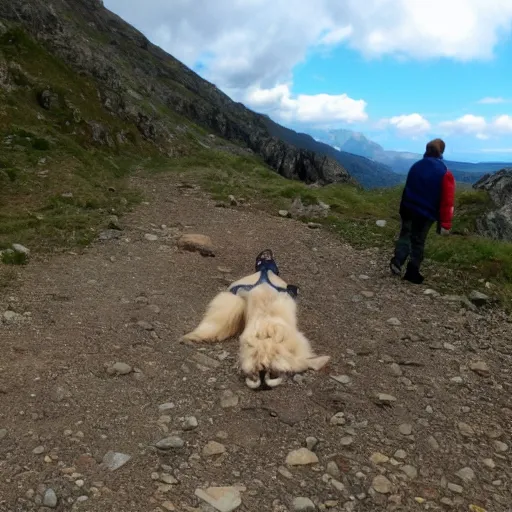 Image similar to a bored tonno who doesn't want to go in the mountain because he is lazy