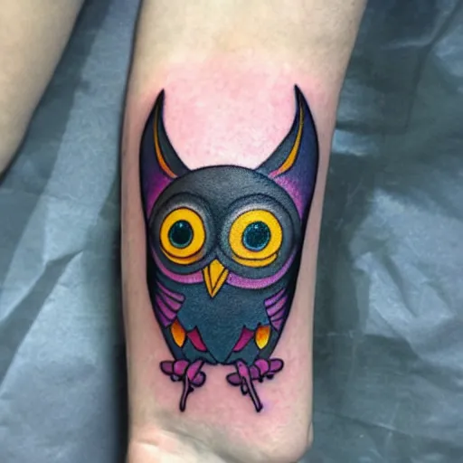Prompt: A black tattoo of Blathers the owl from Animal Crossing
