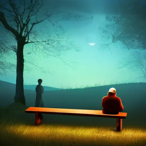 Image similar to a man sitting on a bench at nigh, stunning digital art