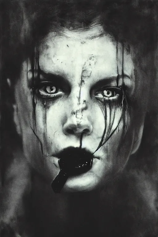 Prompt: portrait of a goddess vampire as alice from the movie resident evil 3, by sally mann, and gottfried helnwein, jeremy mann, dark, backlit, low key, shadowed