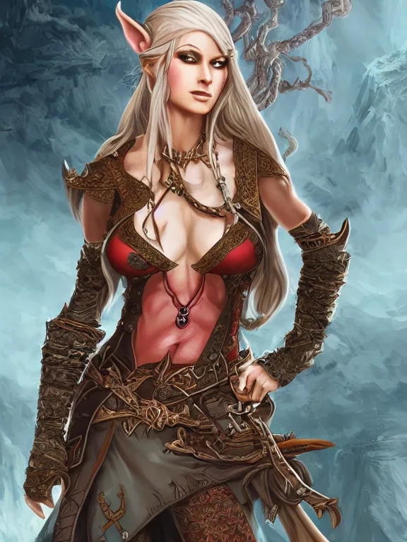 Image similar to full body portrait of a female elven pirate, character design, correct anatomy, concept art, digital illustration, ray tracing, ultra detailed, fantasy, intricate and highly detailed, coloured with lots of colour, pose, fantasy, sharp focus,