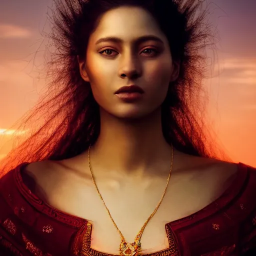 Prompt: portrait of a stunningly beautiful female empress at sunset, fashion photoshoot, by edward robert hughes, annie leibovitz and steve mccurry, david lazar, jimmy nelsson, breathtaking, 8 k resolution, extremely detailed, beautiful, establishing shot, artistic, hyperrealistic, beautiful face, octane render