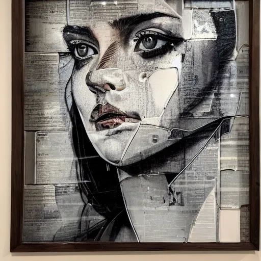 Image similar to by sandra chevrier chestnut, slate grey hyperdetailed. a installation art of a beautiful young woman seated at a window, looking out at the viewer with a serene expression on her face. the light from the window illuminates her features & creates a warm, inviting atmosphere. the essence of beauty & tranquility.