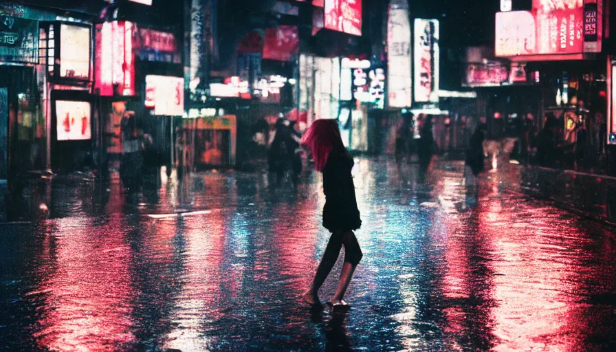 Image similar to street of shibuya photography, night, rain, mist, a girl with pink hair, cinestill 8 0 0 t, in the style of william eggleston