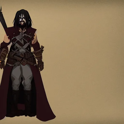 Image similar to DND concept character tan mercenary rogue, with long black hair, leather armor, possessed by a demon, holding a flask, grimoire neck chain