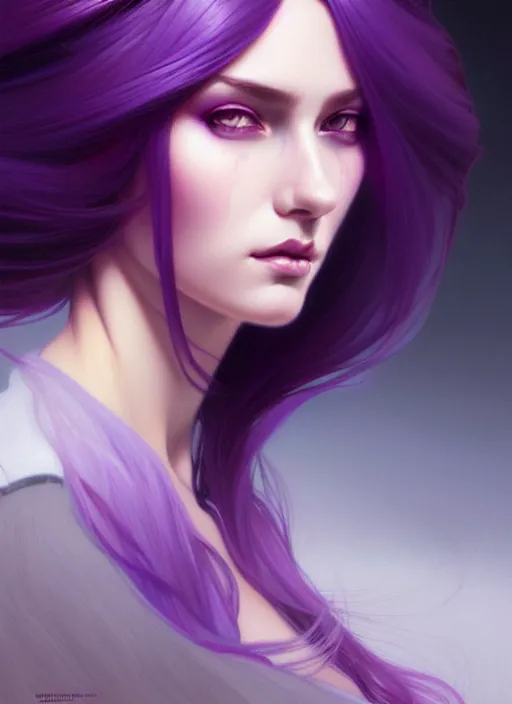 Image similar to Purple hair, creative colouring Portrait of woman, fashion, intricate, elegant, highly detailed, digital painting, artstation, concept art, smooth, sharp focus, illustration, art by artgerm and greg rutkowski and alphonse mucha