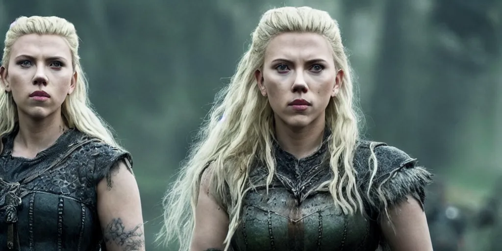 Image similar to Scarlett Johansson playing Lagertha, with a scar and white hair, in the TV series Vikings