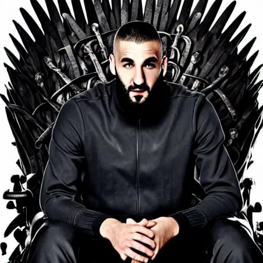 Image similar to Karim Benzema sitting on the iron throne, 4k, award winning, Photograph