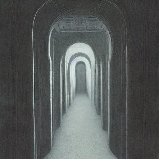 Prompt: unnerving horror painting of liminal space, backrooms made by zdzislaw beksinski