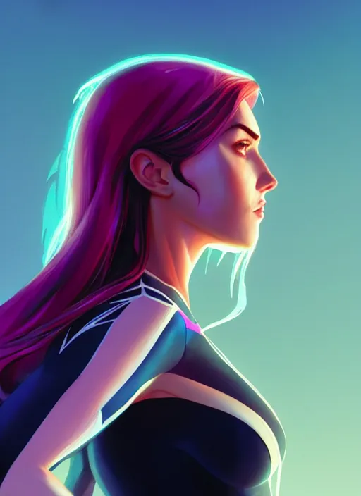 Prompt: side profile centered painted portrait, megan fox as spidergwen, matte painting concept art, art nouveau, beautifully backlit, swirly vibrant color lines, fantastically gaudy, aesthetic octane render, 8 k hd resolution, by ilya kuvshinov and cushart krentz and gilleard james