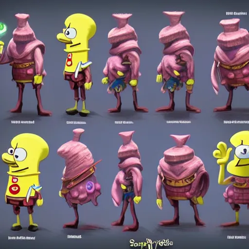 Image similar to character design sheet, spongebob squarepants, fantasy, medieval, vivid colors, concept art, sharp focus, digital art, hyper - realistic, 4 k, unreal engine, highly detailed, hd, dramatic lighting by brom, trending on artstation