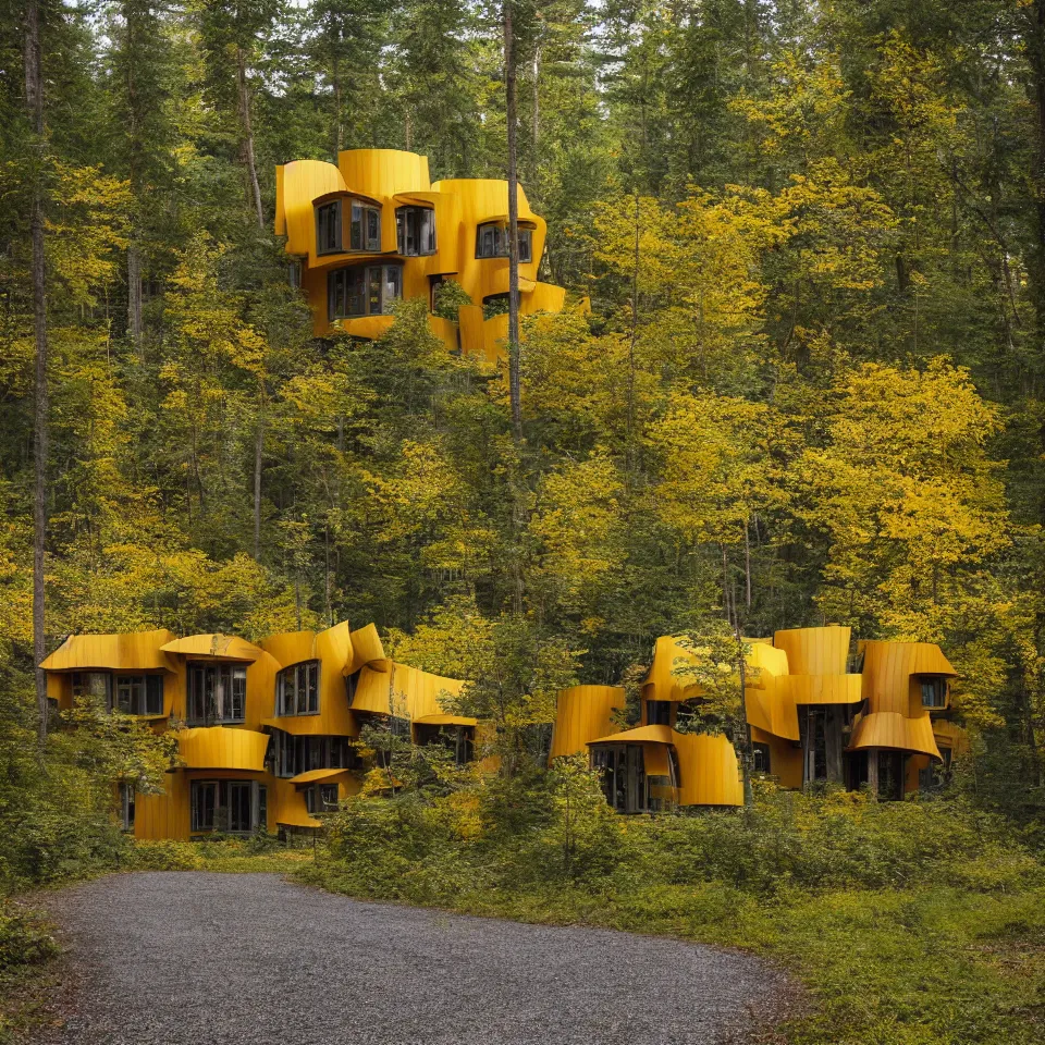 Image similar to a house in a taiga forest clearing from afar, designed by Frank Gehry. Tiles. Gravel pathway with parking. Film grain, cinematic, yellow hue