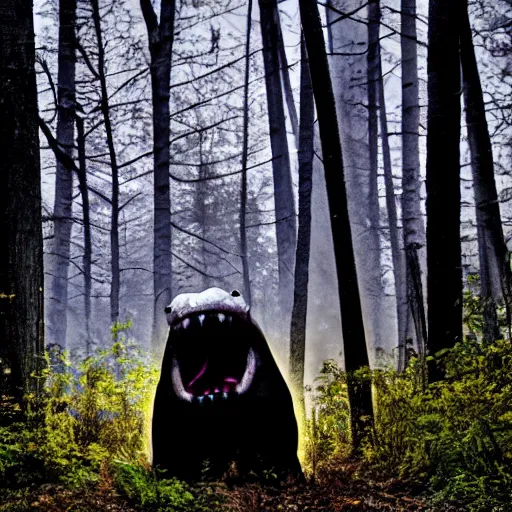 Image similar to photo of a scary horror obese monster roaring in the dark woods