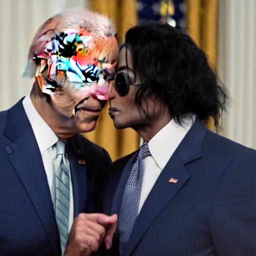 Image similar to Joe Biden sniffing Michael Jackson's hair, photorealistic, 8k, unreal engine, highly detailed