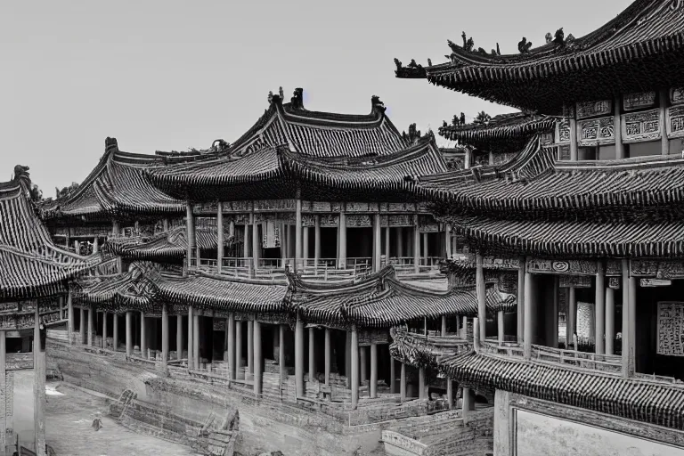 Prompt: the black and white palace buildings in the wei, jin and northern and southern dynasties in ancient china, the hard and strong buildings, the neat and dense buildings, the cool colors, the bird's - eye view, the panorama, left right symmetry, cg original.