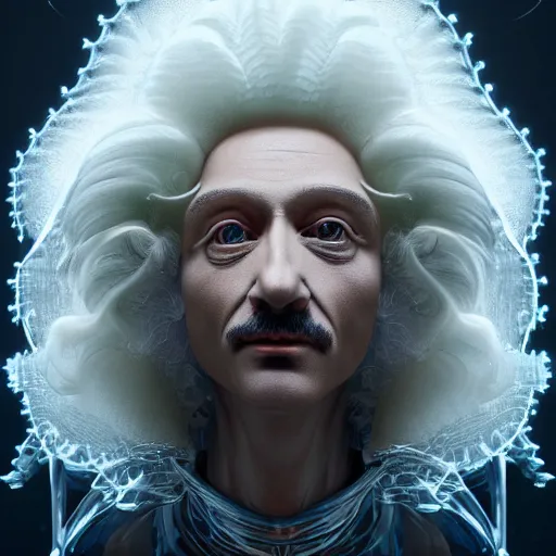 Prompt: masterpiece portrait ethereal biomechanical einstein with incredible hair, crystal incrustations, hyper - detailed face, elegant posed, intricate, octane render, cinematic lighting, cgsociety, unreal engine,