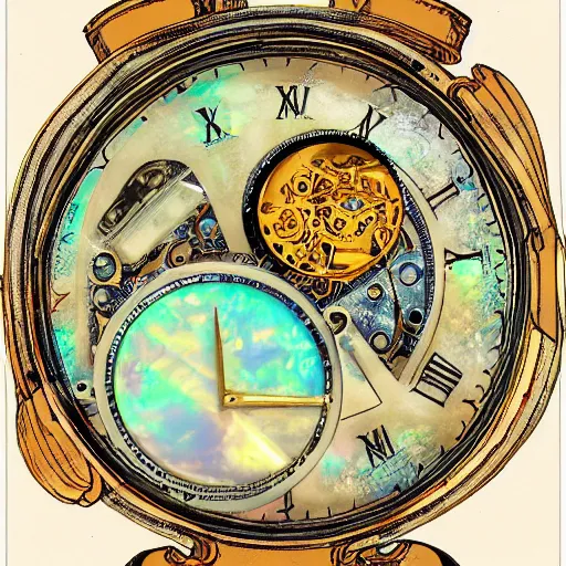 Prompt: detailed illustration of celestial watch from the far future with 3 7 descending dials and multiple glowing watch faces, mother of pearl opal, year 2 5 0 0, style of norman rockwell