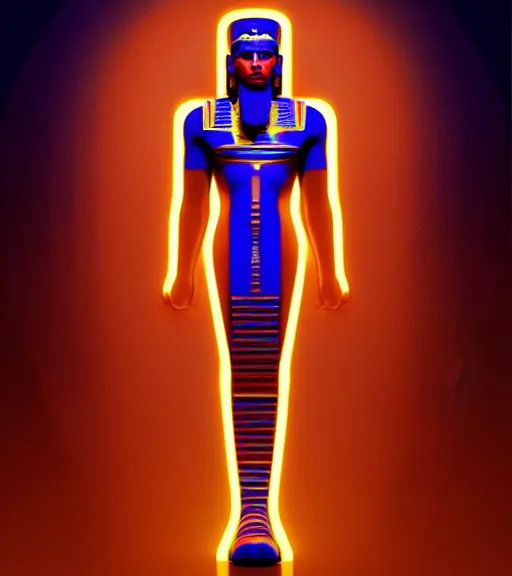 Image similar to symmetry!! egyptian god of technology, solid cube of light, hard edges, product render retro - futuristic poster scifi, lasers and neon circuits, brown skin handsome egyptian god, intricate, elegant, highly detailed, digital painting, artstation, concept art, smooth, sharp focus, illustration, dreamlike, art by artgerm